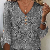 Damen Bohemian bedruckte V-Ausschnitt Bluse mit Knopfdetails WW