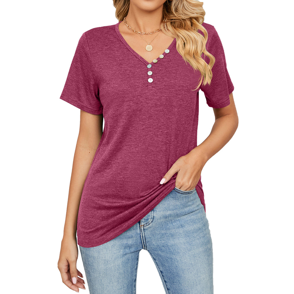 Damen V-Ausschnitt T-Shirt mit dekorativen Knopfdetails und lockerem Schnitt WW
