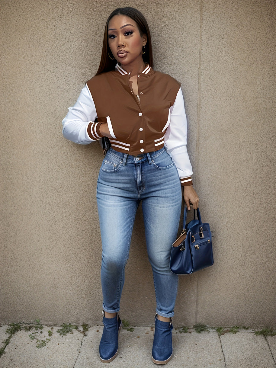 Damen Sportliche Varsity-Jacke mit Kontrastdetails und Knopfleiste WW