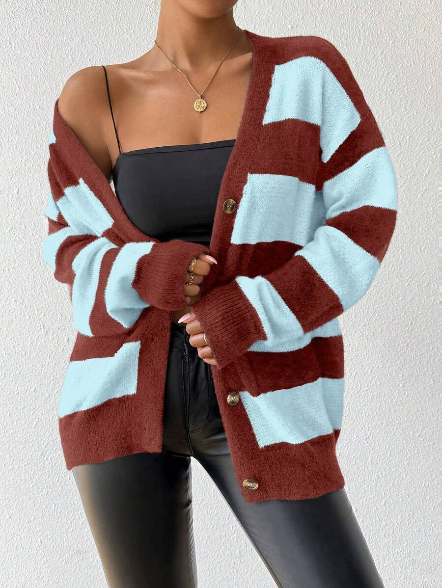 Damen Strickjacke mit trendigem Blockstreifenmuster und weichem Material WW
