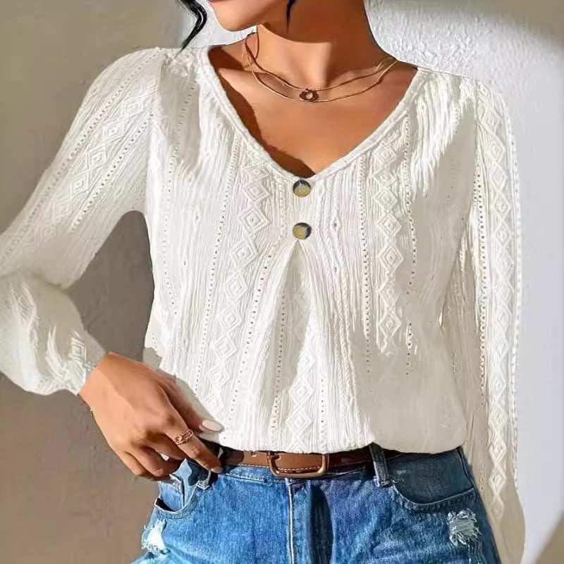 Damen Bluse mit dekorativen Knöpfen und strukturiertem Gewebe WW