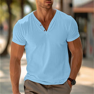 Herren V-Ausschnitt Kurzarm T-Shirt mit Knopfleiste WW