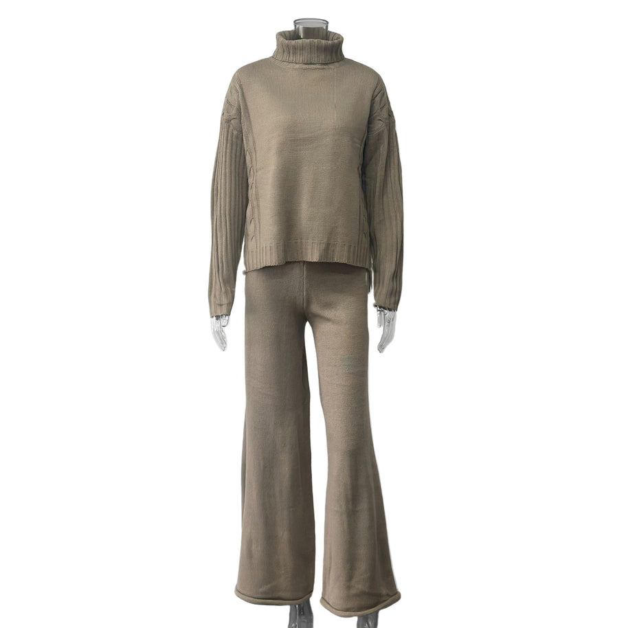 Damen Stilvolles Strickset mit hohem Kragen und weiter Hose WW