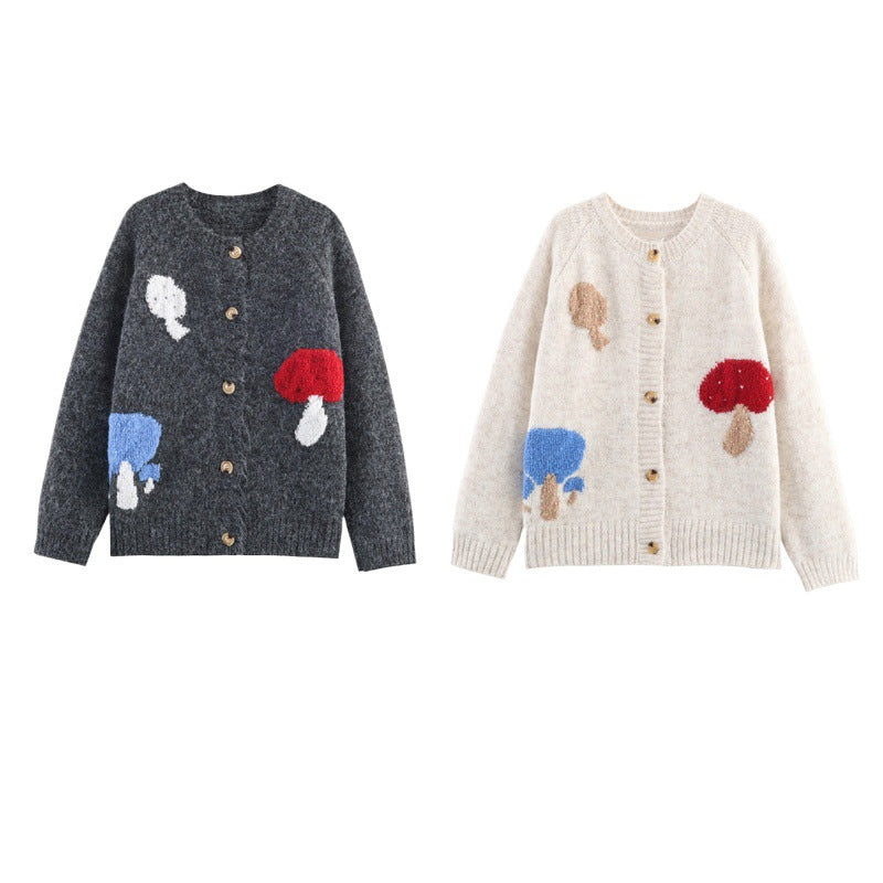 Damen Strickjacke mit buntem Pilzdesign WW