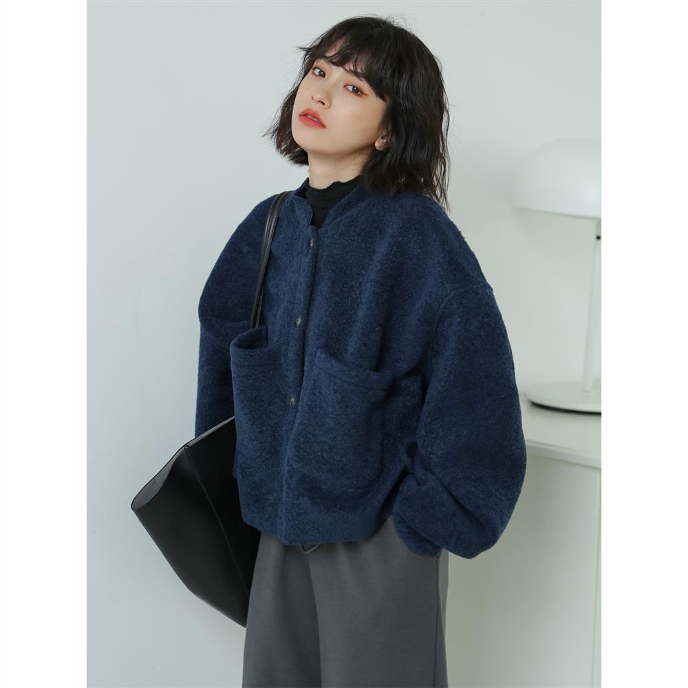 W&W Mode Lässig Lang Ärmel Taschen Blau Jacke