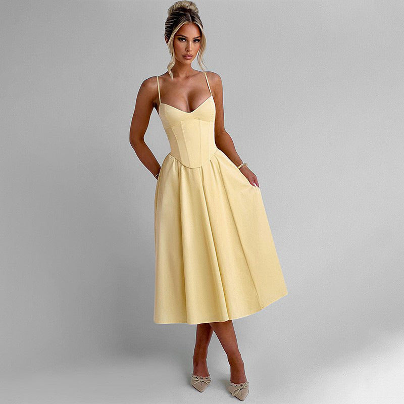 Damen Midi Kleid mit figurbetonter Corsage und schwingendem Rock W&W Mode