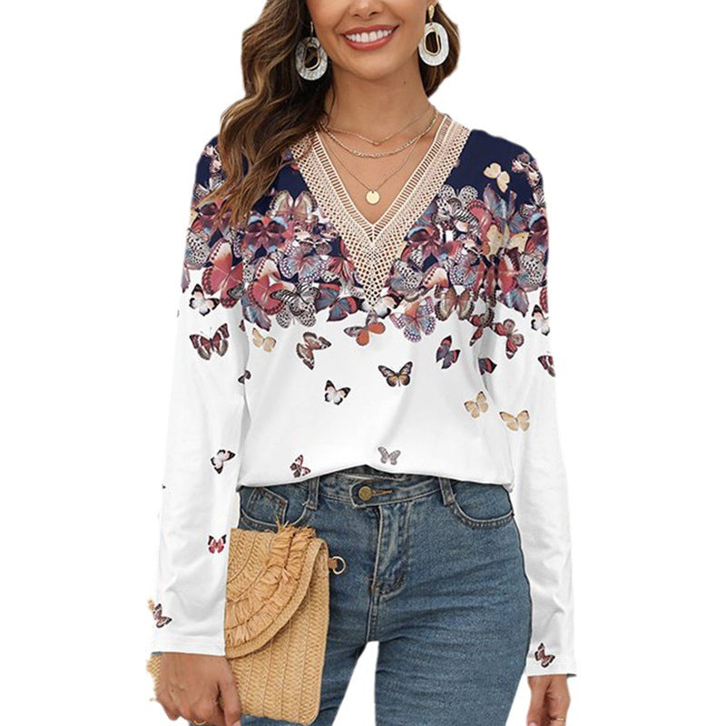 Damen Langarmshirt mit floralem Spitzen-V-Ausschnitt und elegantem Muster WW