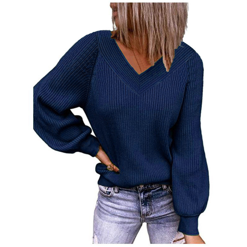 Damen Strickpullover mit V-Ausschnitt und Ballonärmeln WW