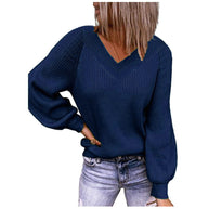 Damen Strickpullover mit V-Ausschnitt und Ballonärmeln WW