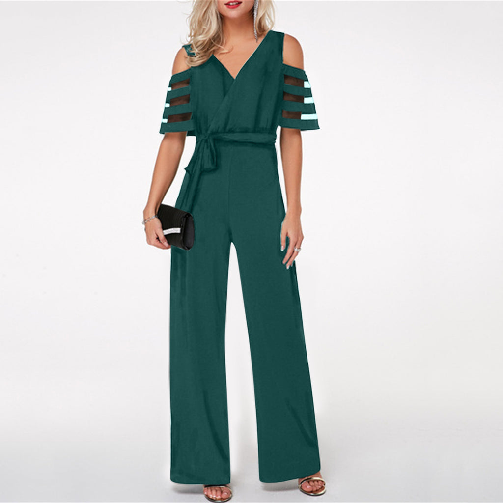 Damen Eleganter Jumpsuit mit transparenten Ärmel-Details und Taillengürtel WW
