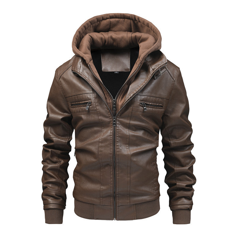 Herren Lederjacke mit abnehmbarem Kapuzen-Innenfutter WW
