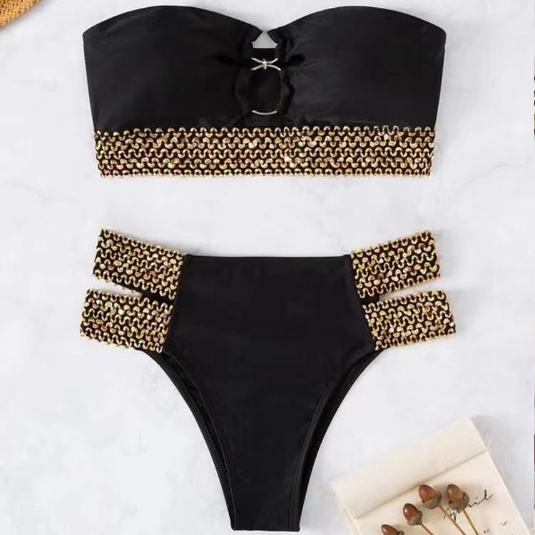 Damen Bikini mit dekorativen Längsstreifen und Bindevorrichtung WW