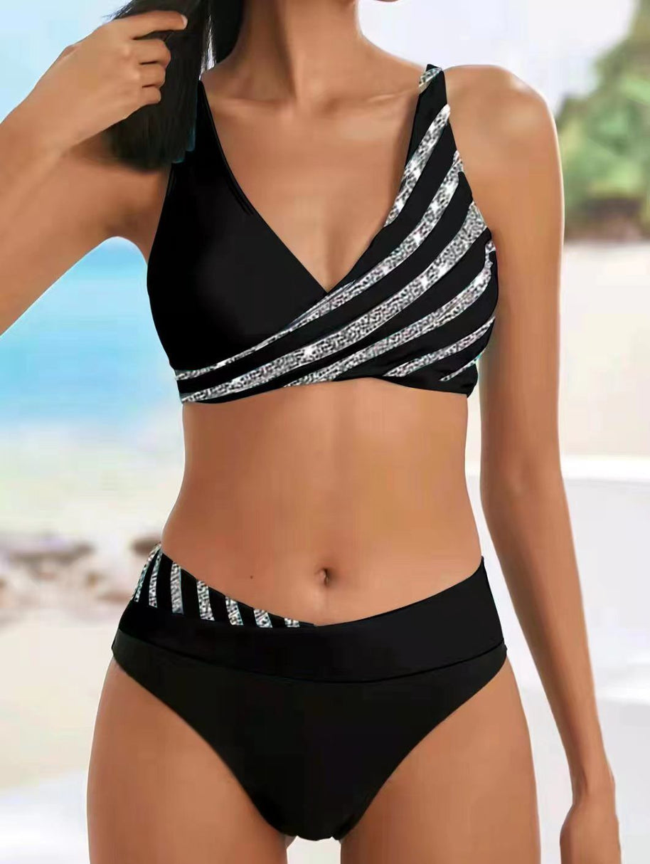 Damen Bikini-Set mit asymmetrischem Oberteil und Kontrast-Design WW