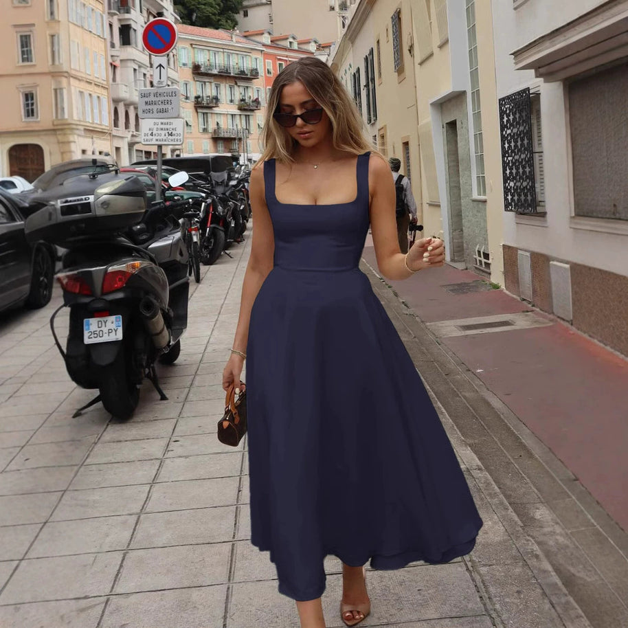 Damen Abendkleid mit quadratischem Ausschnitt und fließendem Rock WW