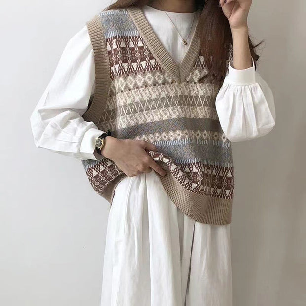 Damen Ärmellose Strickweste mit V-Ausschnitt und Muster WW