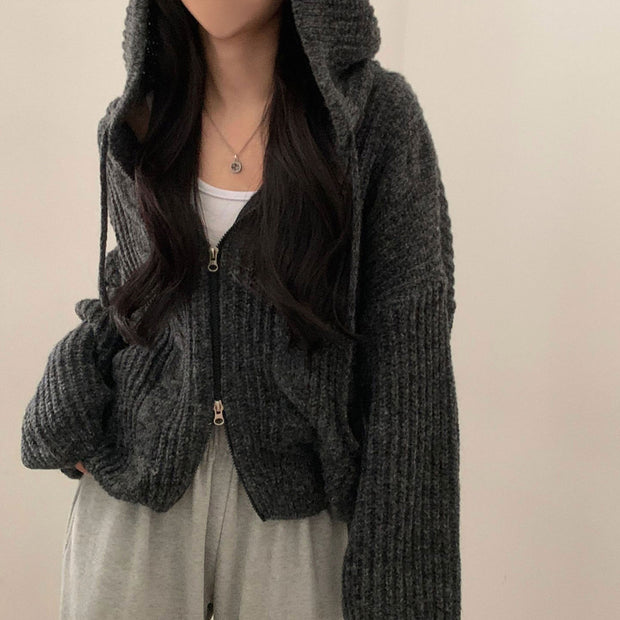 Damen Bequemer Strickjacke mit Kapuze und Reißverschluss WW