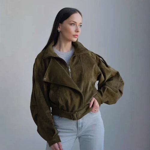 Damen Stilvolle Kurzjacke mit Gürtel und asymmetrischem Schnitt WW