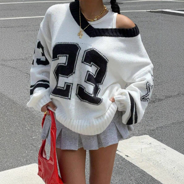 Damen Sportlicher V-Ausschnitt Pullover im lässigen College-Stil WW