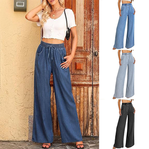 Damen weite Jeanshose mit elastischem Bund und seitlichen Taschen WW