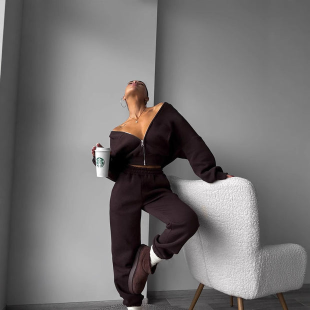 Damen sportliches Cropped-Set mit Weite und Reißverschluss WW