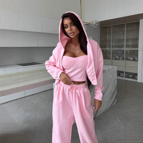 Damen sportliches Fleece-Set mit Jacke und weitem Hosen WW