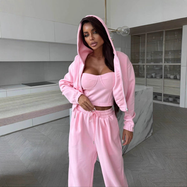 Damen sportliches Fleece-Set mit Jacke und weitem Hosen WW