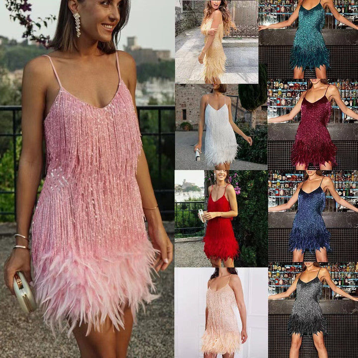 Damen Glitzerndes Kurzkleid mit Federn und funkelnden Pailletten W&W Mode