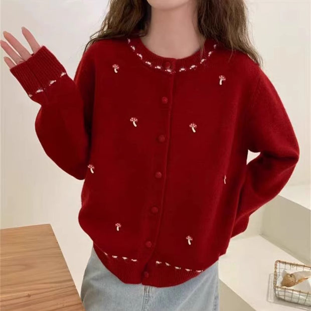 Damen Strickjacke mit floralem Stickdesign und Rundhalsausschnitt WW