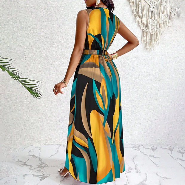 Damen Elegantes Maxikleid mit modernem, farbenprächtigen Design und tiefem V-Ausschnitt WW