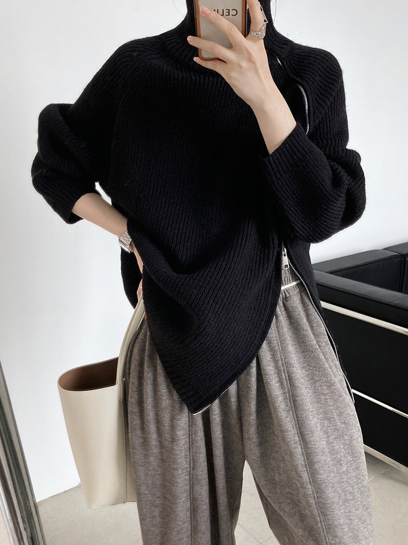 W&W Mode Rollkragenpullover mit Seitenschlitz einfarbig gestrickt