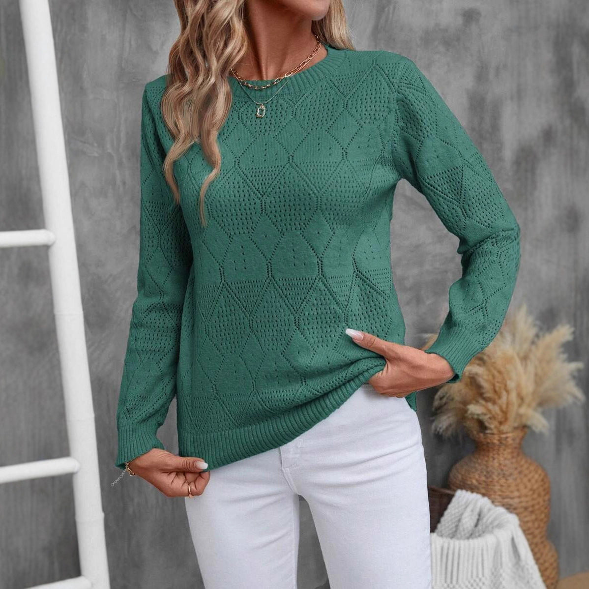 Damen Strickoberteil mit modernem Ajour-Muster und Rundhalsausschnitt WW