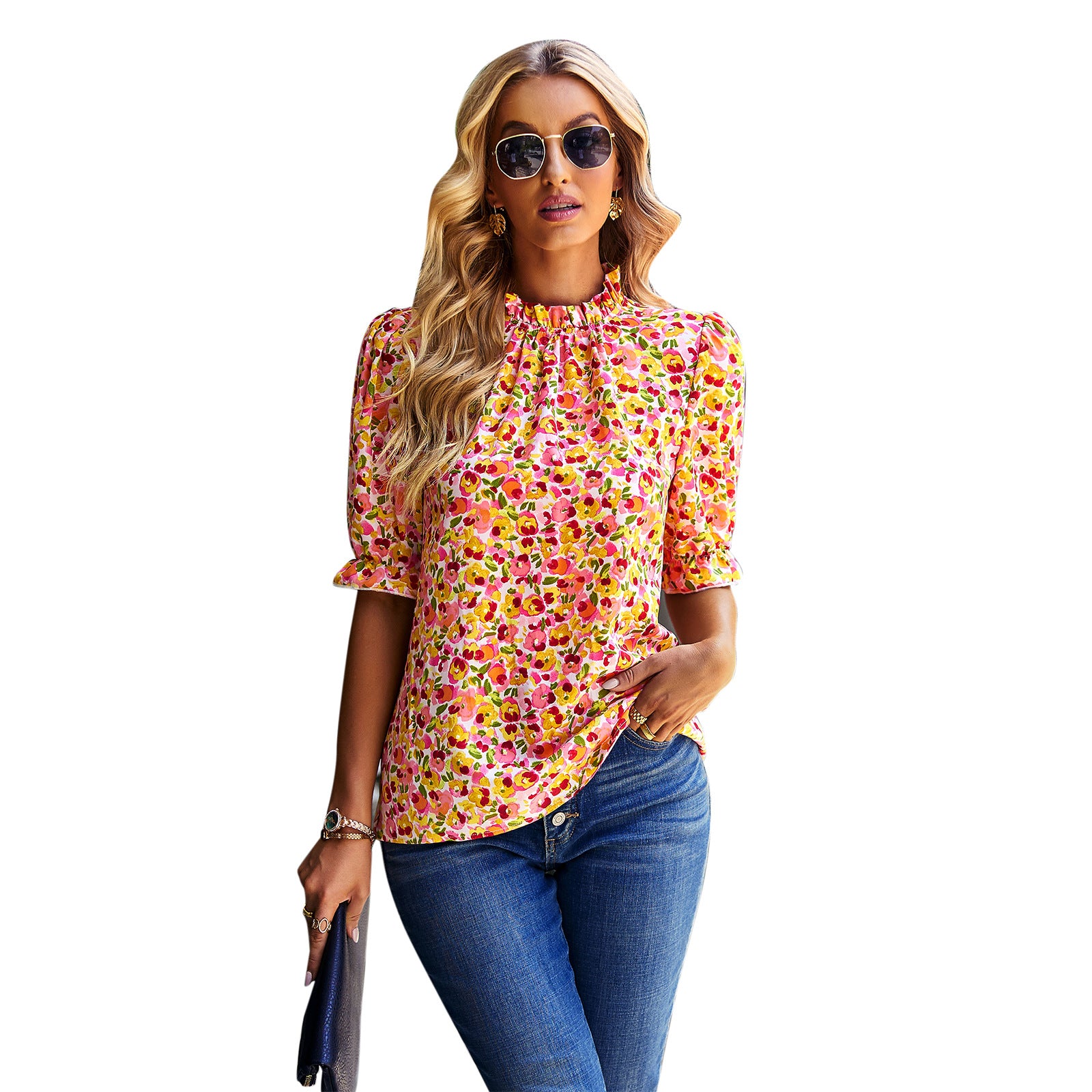 Damen Bluse mit verspieltem Blumendesign und Puffärmeln WW