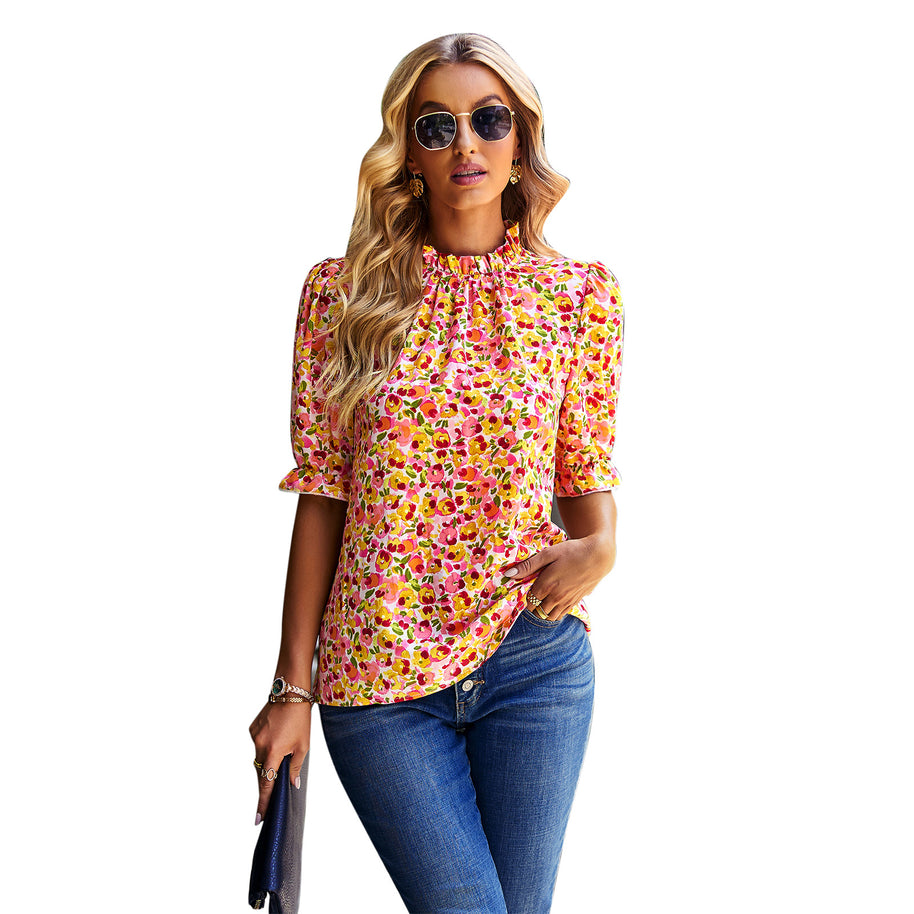 Damen Bluse mit verspieltem Blumendesign und Puffärmeln WW