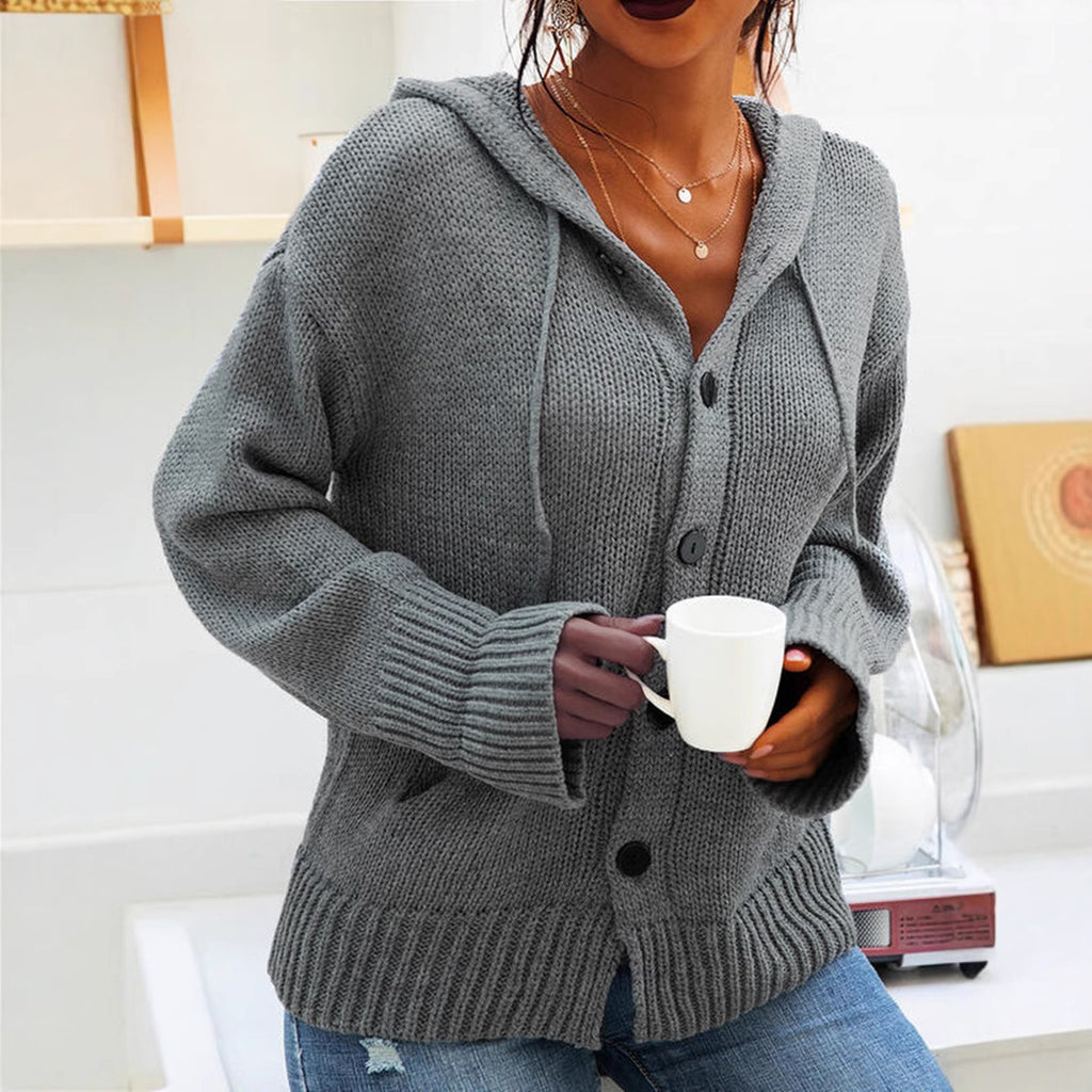 Damen Strickjacke mit Kapuze und knöpfen im lässigen Stil WW