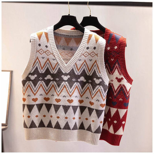 Damen Strickweste mit V-Ausschnitt und geometrischem Muster WW