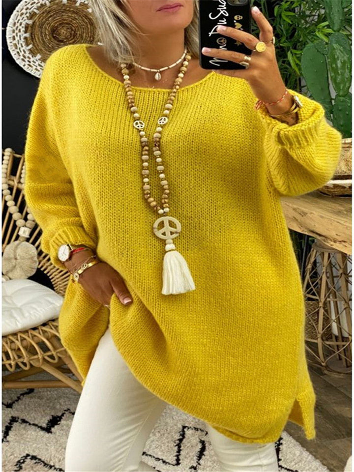 Damen lässiger Langarmstrickpullover im Oversized-Stil mit seitlichen Schlitzen W&W Mode