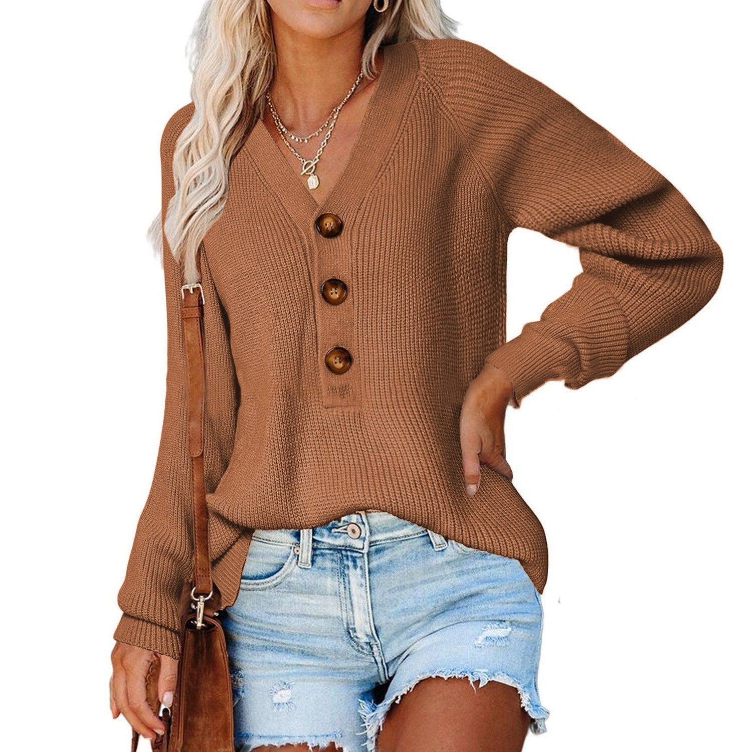 Damen Strickpullover mit tiefem V-Ausschnitt und großen Holzknöpfen WW