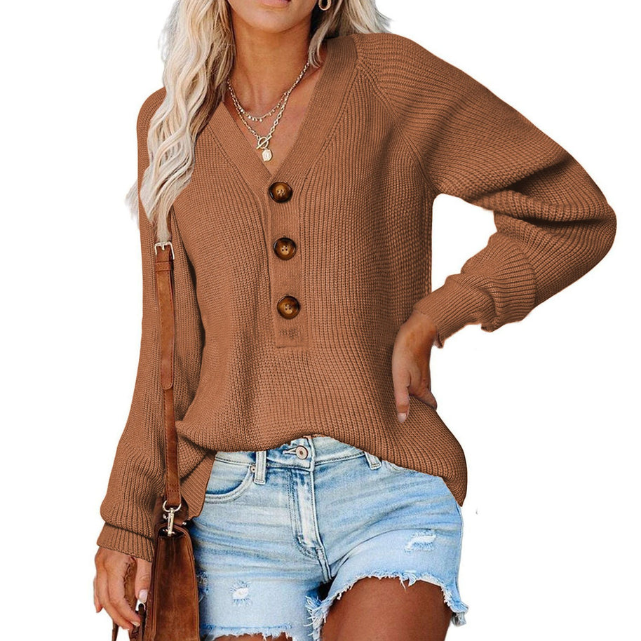 Damen Strickpullover mit tiefem V-Ausschnitt und großen Holzknöpfen WW