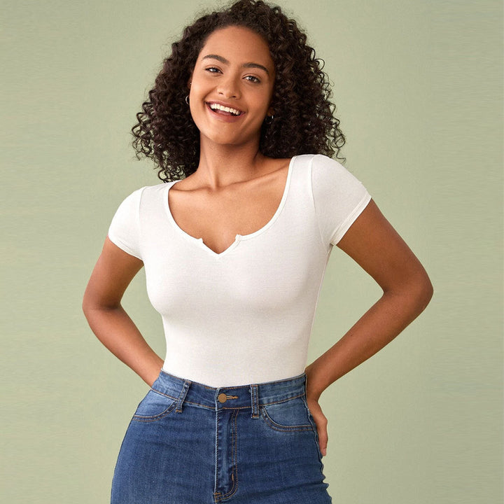 Damen figurbetontes Kurzarmbody mit V-Ausschnitt W&W Mode