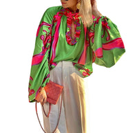 Damen Stylische Bluse mit voluminösen Ärmeln und farbenfrohem Muster WW