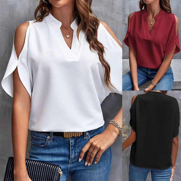 Damen Kurzarmbluse mit elegantem V-Ausschnitt und luftigen Schmetterlingsärmeln W&W