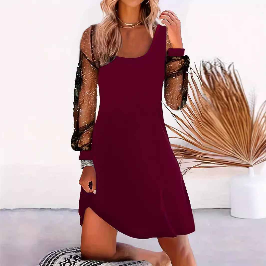 Damen asymmetrisches Kleid mit transparenten Puffärmeln und schimmernden Akzenten WW