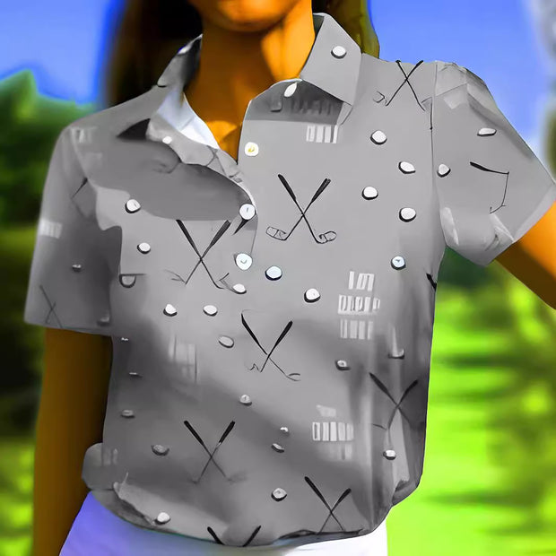 Damen Kurzarm-Hemd mit modischem Golf-Print und komfortablem Schnitt WW