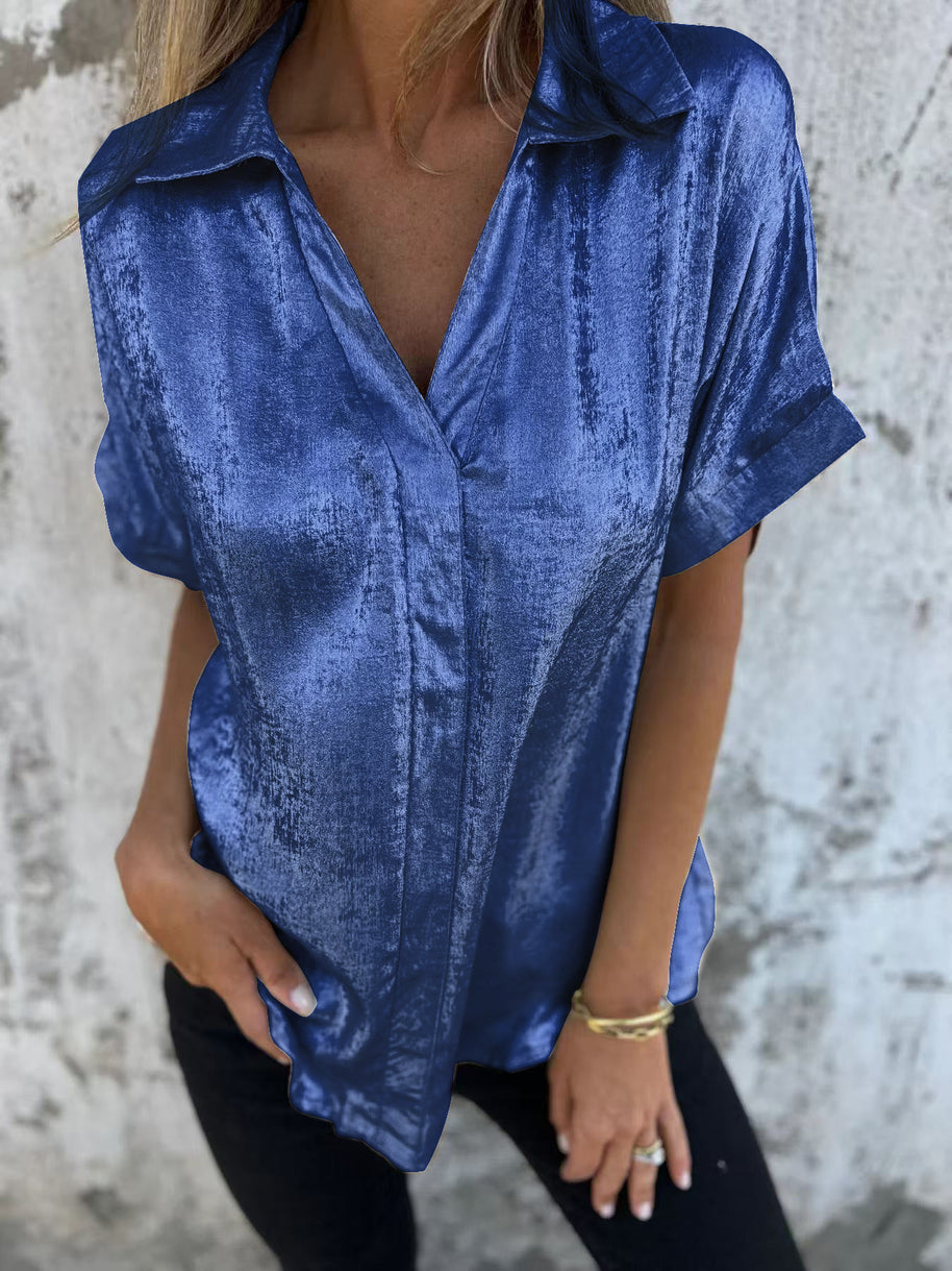 Damen Kurzarm-Seidenbluse mit elegantem Glanz und modischem Revers WW