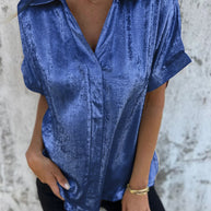 Damen Kurzarm-Seidenbluse mit elegantem Glanz und modischem Revers WW
