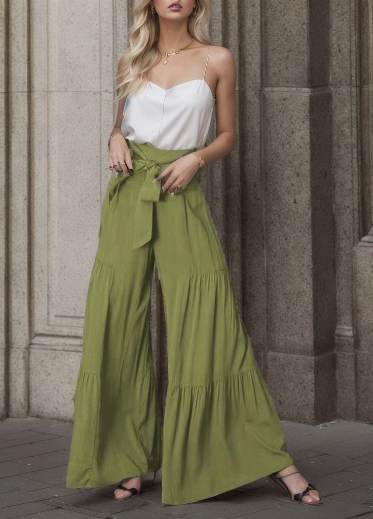 Damen weite High-Waist Hose mit eleganten Falten und Bindegürtel WW