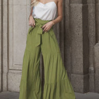 Damen weite High-Waist Hose mit eleganten Falten und Bindegürtel WW