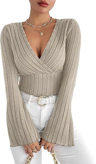 Damen Strickoberteil mit Wickeldesign und weitem Ärmel WW