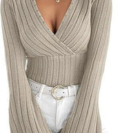 Damen Strickoberteil mit Wickeldesign und weitem Ärmel WW