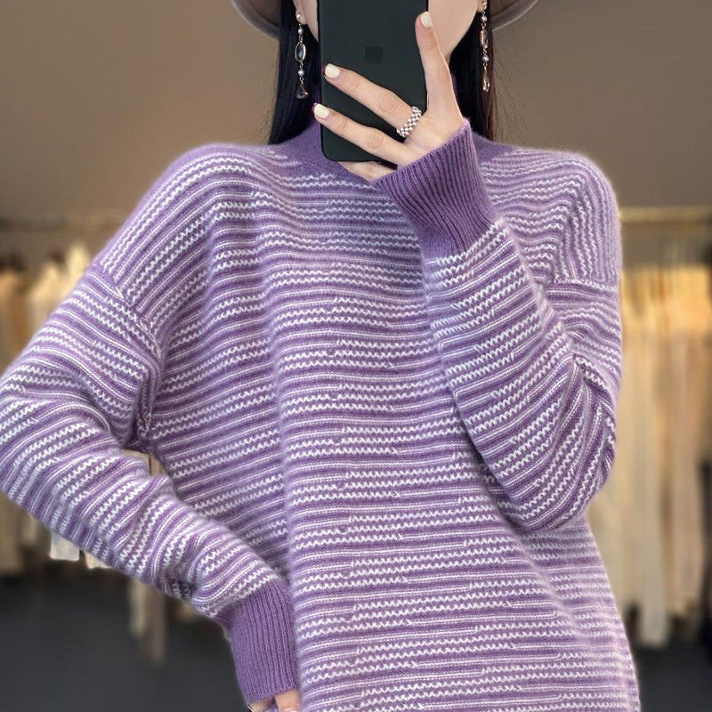 Damen Strickpullover mit modernem Streifenmuster und bequemen Daumenlöchern WW